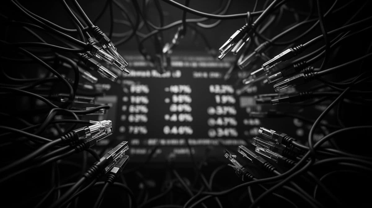 Fotografia em preto e branco de alta contraste mostrando uma rede abstrata de conexões financeiras com um display digital desfocado ao centro, representando a infraestrutura do crédito e taxas de juros.