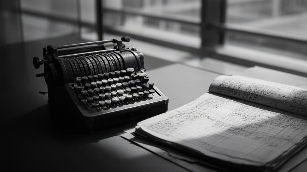 Documento contábil com anotações manuscritas e calculadora mecânica em preto e branco, simbolizando a análise detalhada entre lucro contábil e fluxo de caixa.