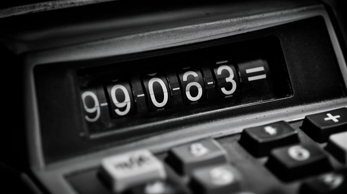 Detalhe em preto e branco de um calculadora antiga exibindo números, simbolizando cálculos financeiros e margens.