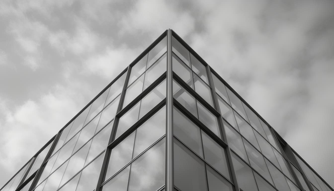 Foto em preto e branco de estrutura arquitetônica geométrica em aço e vidro, evocando solidez financeira e análise detalhada.