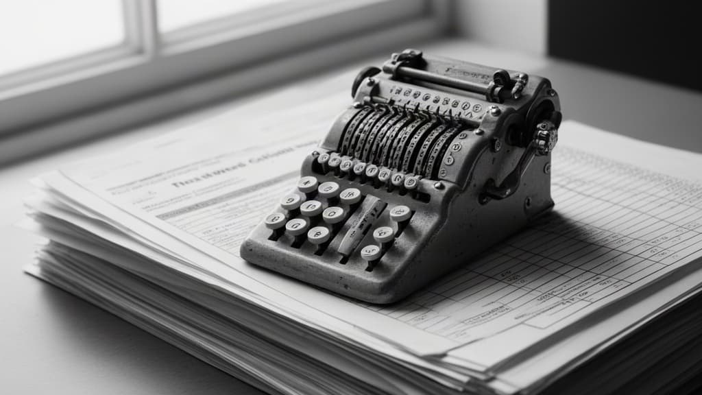 Calculadora mecânica antiga sobre documentos fiscais e livros contábeis, em preto e branco, iluminação suave e estilo editorial premium