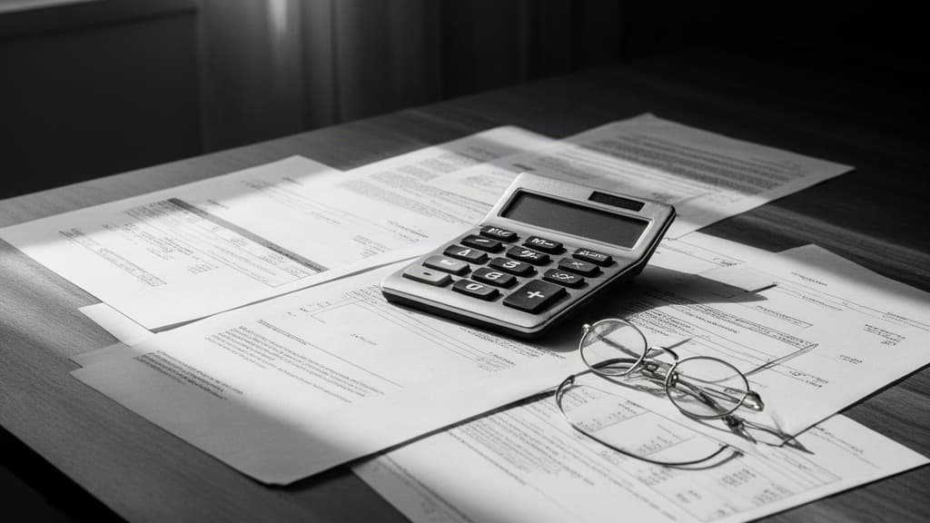 Documentos financeiros e calculadora analógica sobre uma mesa de madeira, em fotografia preto e branco de alto contraste, simbolizando planejamento financeiro rigoroso.