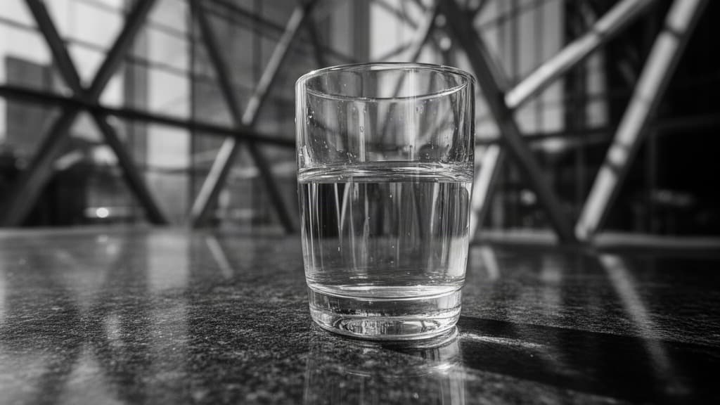 Cenário monocromático de arquitetura financeira moderna e um copo de vidro transparente sobre pedra escura, simbolizando capital e solidez.
