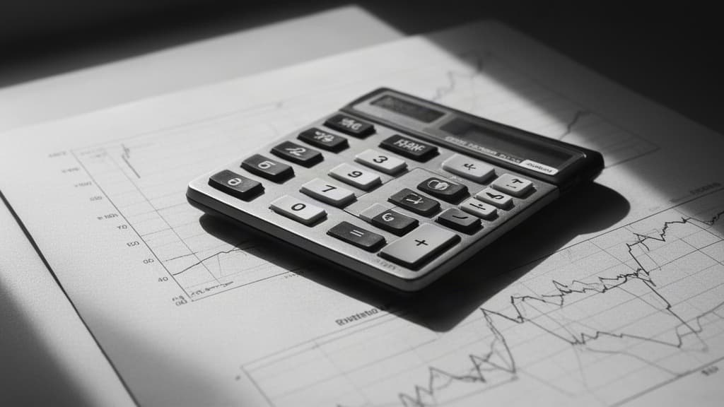 Calculadora analógica sobre relatório financeiro em preto e branco, representando análise econômica