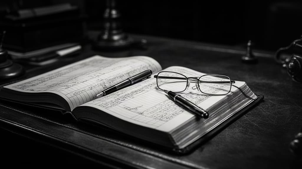 Mesa de trabalho financeira com livros contábeis abertos, caneta tinteiro e óculos de leitura sobre papel texturizado, em preto e branco com alto contraste e iluminação dramática