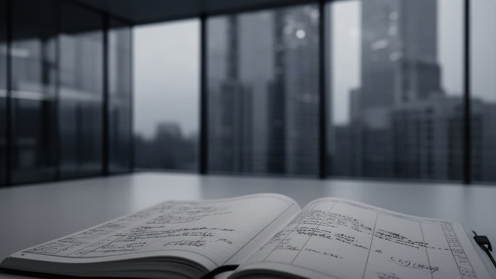 Documento financeiro sobre mesa em escritório corporativo moderno com vista desfocada para arranha-céus, evocando seriedade e análise econômica.