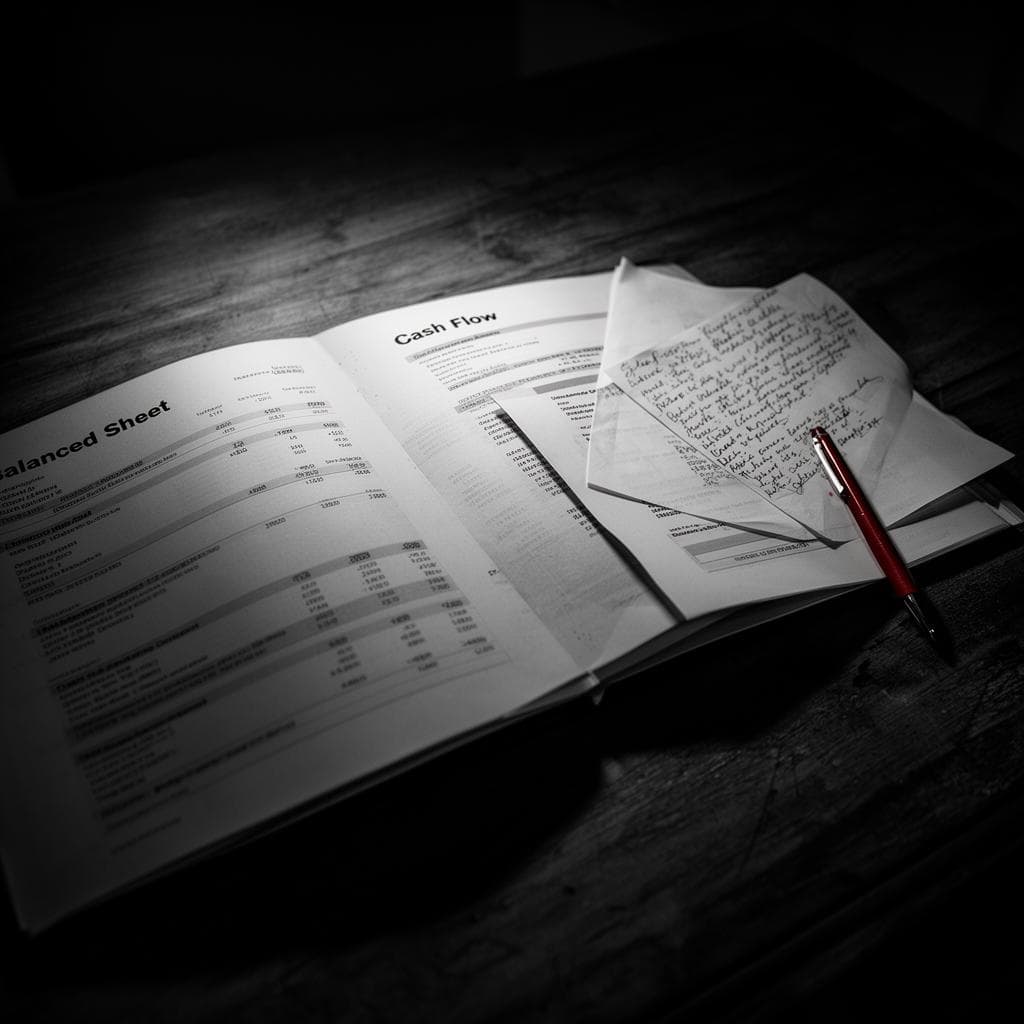Relatório financeiro aberto com anotações manuscritas sobre mesa escura, iluminação dramática em preto e branco